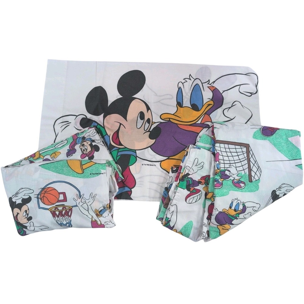Vintage 90's 3 Piece Pacific Walt Disney Mickey Minnie Sports Twin Sheet Set